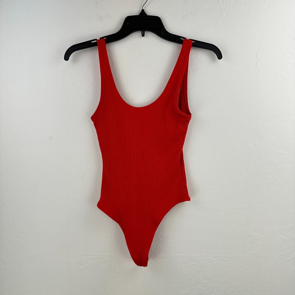 Wilfred Free Bodysuit Women S Red Ribbed Knit Scoop Neck Stretch One Piece Thong